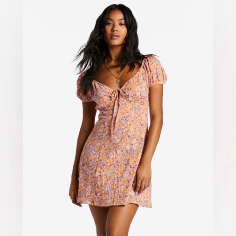 Billabong Pink and Orange Puff Sleeve Sundress